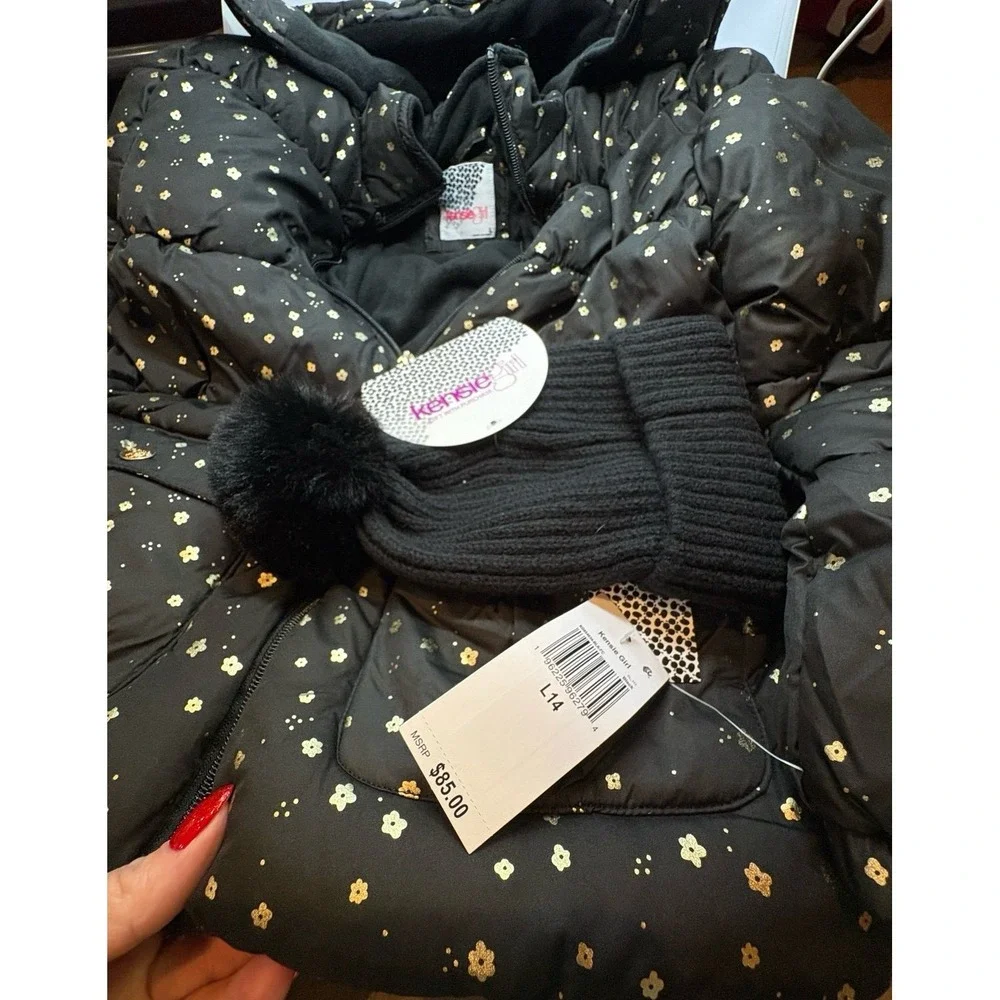 NEW girls size 14 Kensie Girl black puffer hooded jacket with a black beanie hat